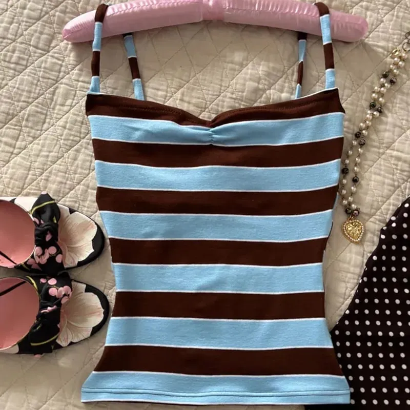 Color Block Stripe Twist Μπροστινό λουράκι σπαγγέτι Cami Top Slim Fit Y2K Sweet Summer Sleeveless Tank Top