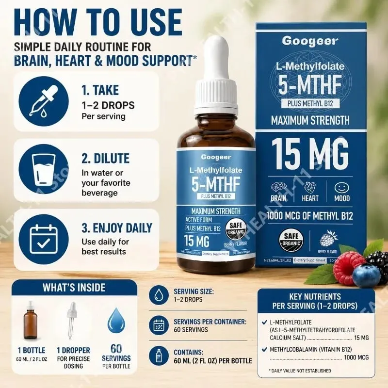Googeer L-Methylfolate 5-MTHF טיפות נוזליות עם מתיל B12 15mg 1000mcg חוזק מקסימלי לב מוח תמיכת מצב רוח 60ml