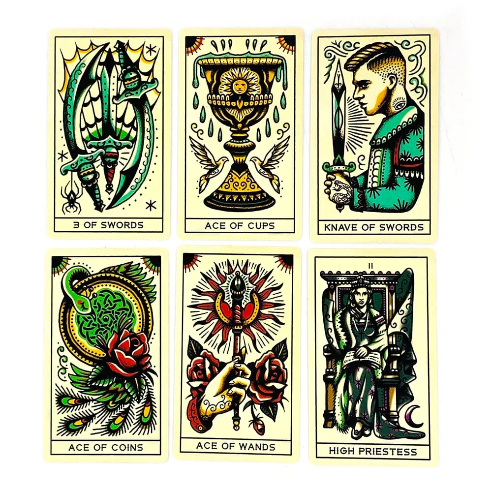 Élénk árusítású tetoválásos tarotkártyák 78-as tarotpakli PDF-útmutató Jövőjóslás Borad Játék játékok Családi összejövetel kártyajáték