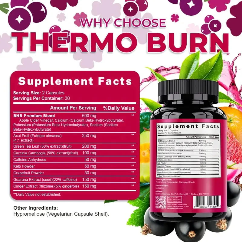 BHB Dietary Capsules na may BHB Premium Blend Acai Fruit Green Tea Leaf Anti-carb Diet at Fat Burning Metabolism Boost Detox