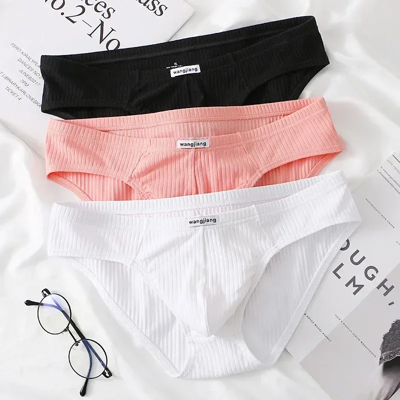 Men's Ribbed Cotton Separate Pouch Briefs Breathable Low Rise Soft Stretch Underwear Panties 1PC