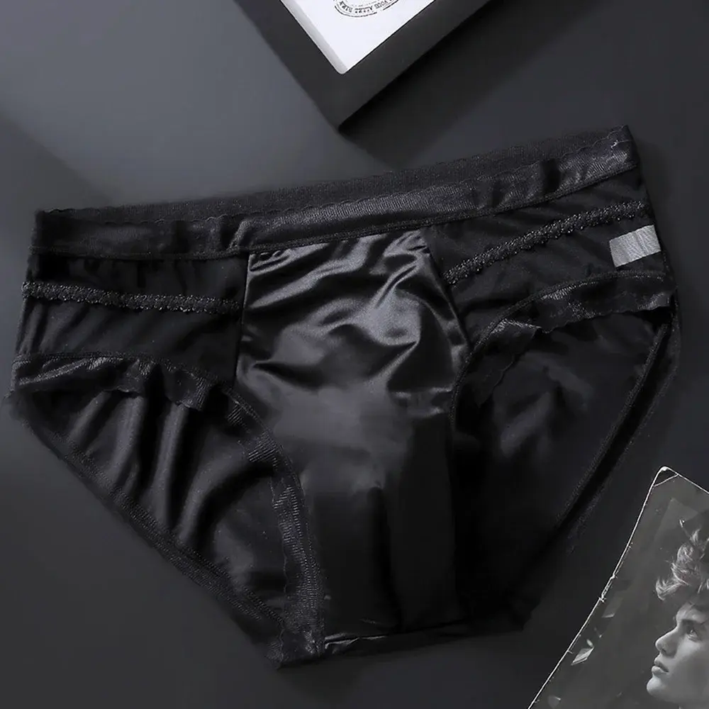Men's Low Waist Triangle Underwear Sexy Elastic Lace Trim Silk Pouch Ultra-Thin Seamless Underpants plus Size Lingerie
