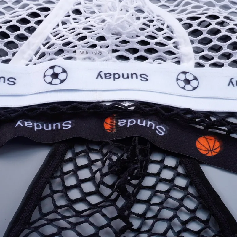 2PCS Basketball Letters Print Low Waist Men Sexy Transparent Nylon Briefs Male Large Mesh Fishnet Underwear for Sports