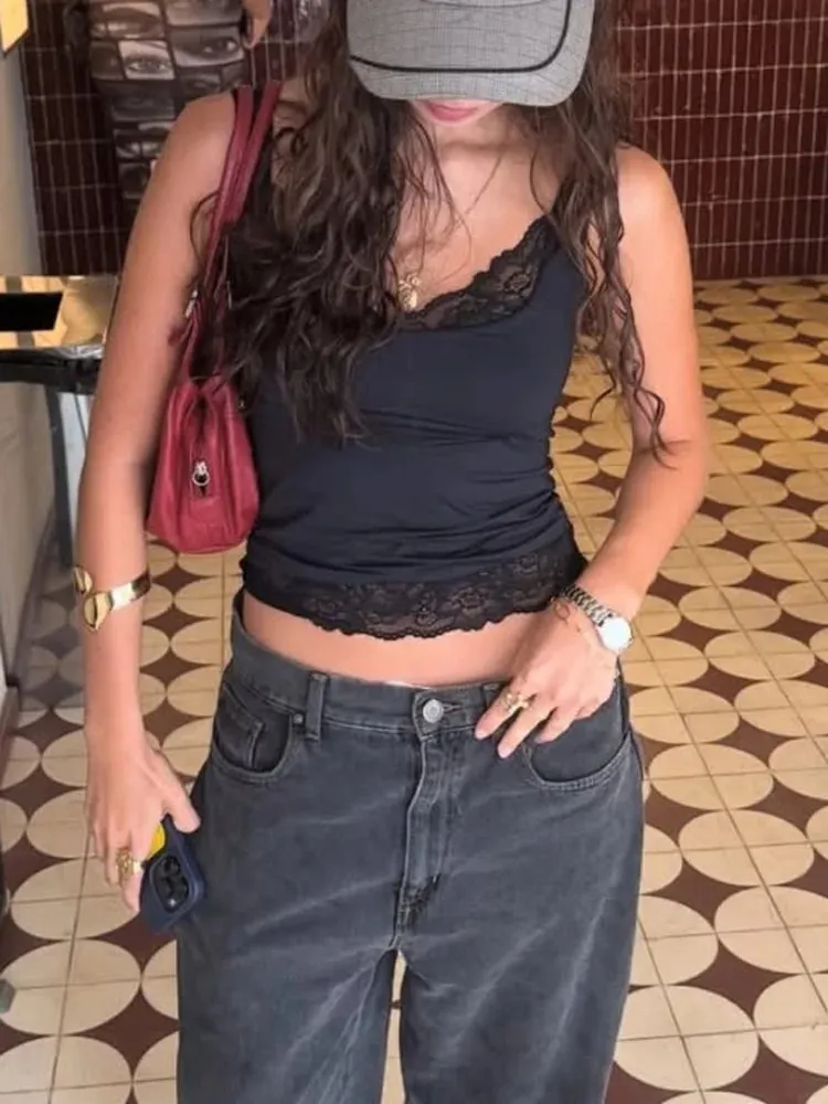 Tossy Black Lace Tank Top For Women V-Neck Backless Streetwear Spaghetti Patchwork Cropped Y2k Top Female Sexy Lace Vest 2026