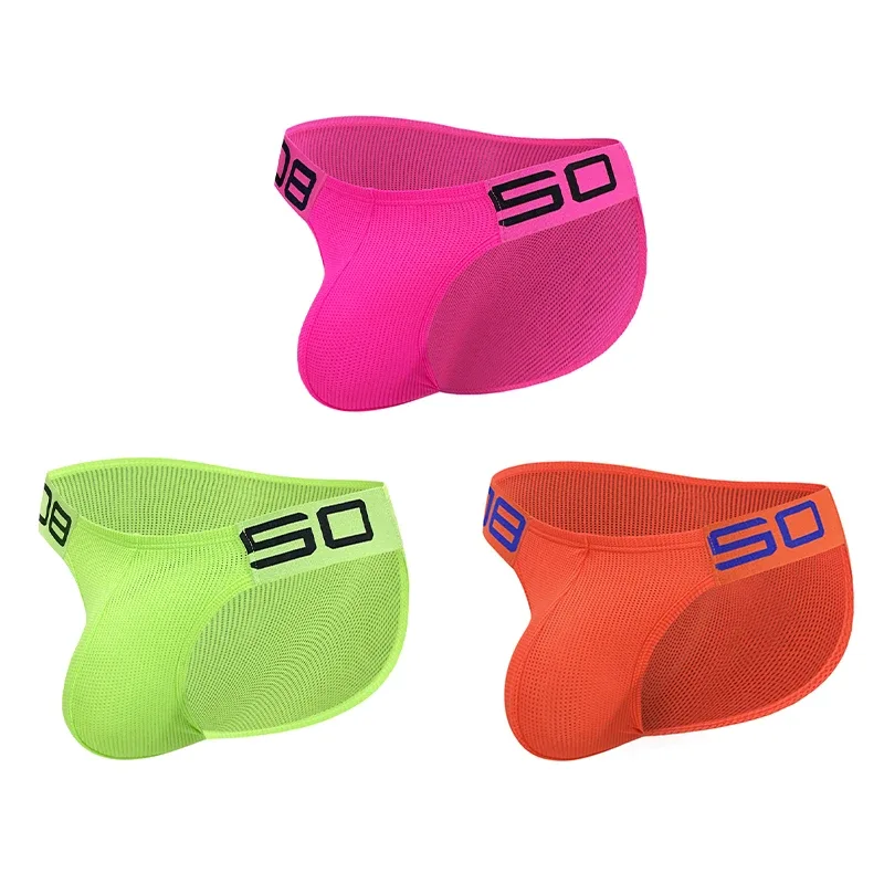 Men's Nylon Blend Mesh Breathable Briefs Horn Splice Letter Embossed Wide Elastic Waistband Fluorescent Color Sexy Underwear