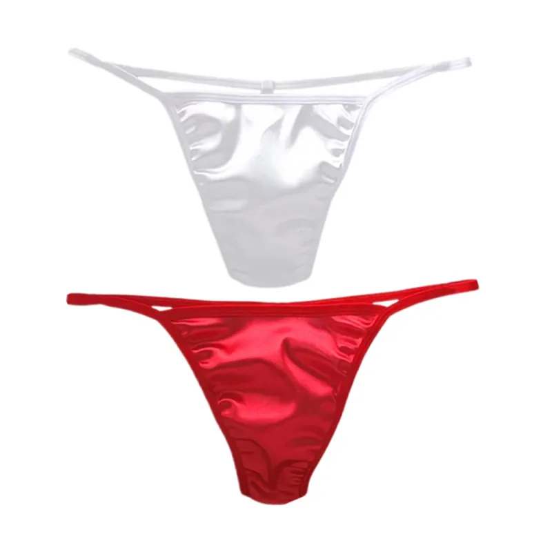 2PCS Men's T-back Thong Sexy Thin Strap Glossy Ice Silk Underwear Male U Convex Night Bikini Low Waist Plus Size Satin G-strings