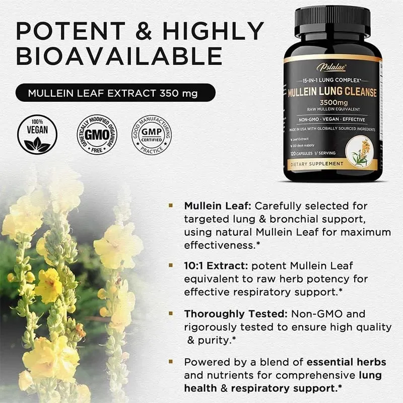 Mullein Lung Cleansing - Lung Clearing Lung Health Immunity - Smoker's Respiratory Supplement Vegetarian Capsules