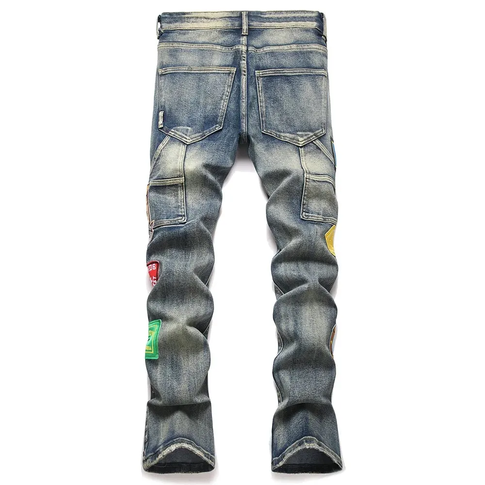 Ανδρικό Badge Patch Boot Cut Jeans Rivet Vintage Ρετρό Μπλε Stretch Τζιν Παντελόνι Streetwear Slim Flared Παντελόνι