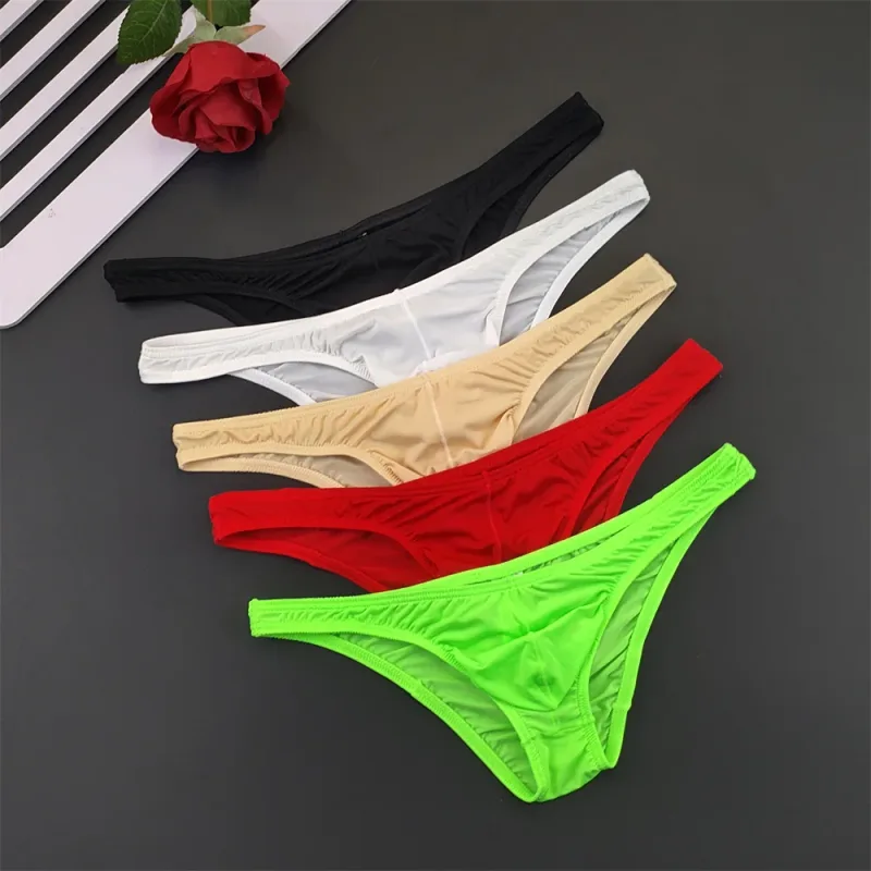 5Pcs New Youth Men's Ice Silk Brief U Pouch Underwear Low Waist Ultra Thin Transparent Underpants Sexy Plus Size Male Panties