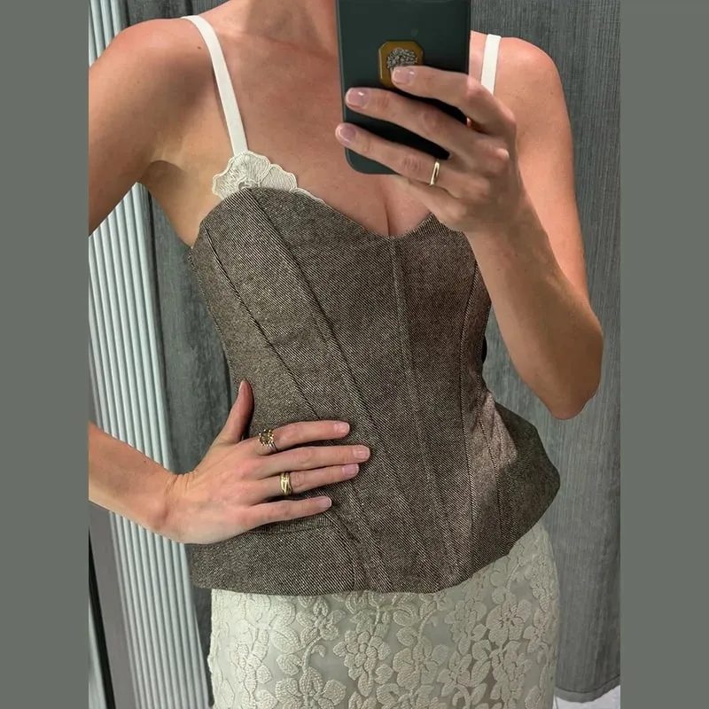 Floral print Cami Corset Top Λεπτές τιράντες U Lady Structured Waist pointed Hem Vintage 2026 Spring Summer Vacation Lady Chic Top