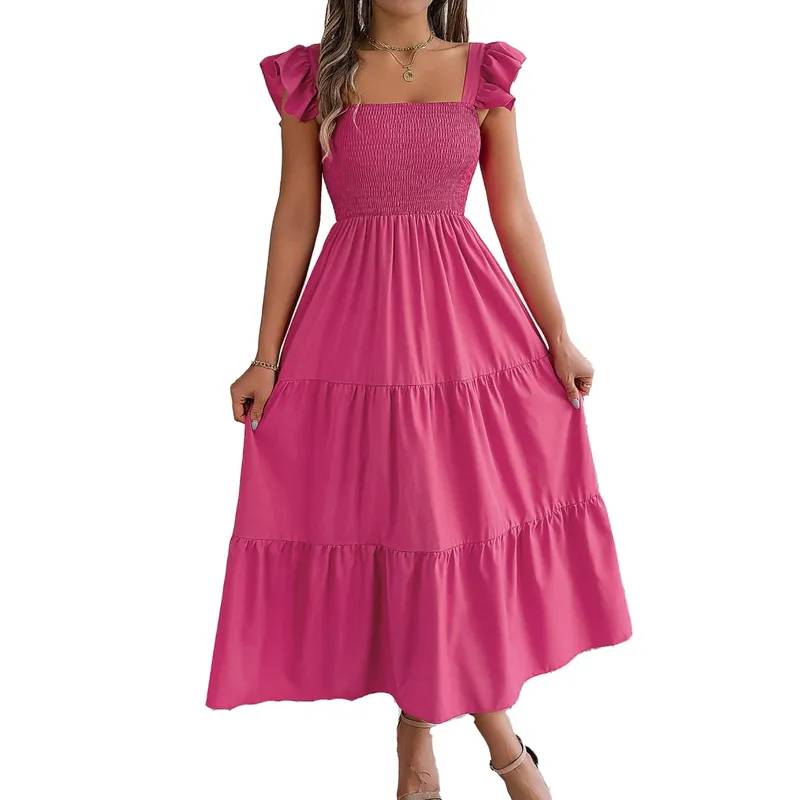Msfilia Solid Sleeveless Square Collar A-Line Cinched Pleated Long Dress Women's Spring Summer Long Dresses