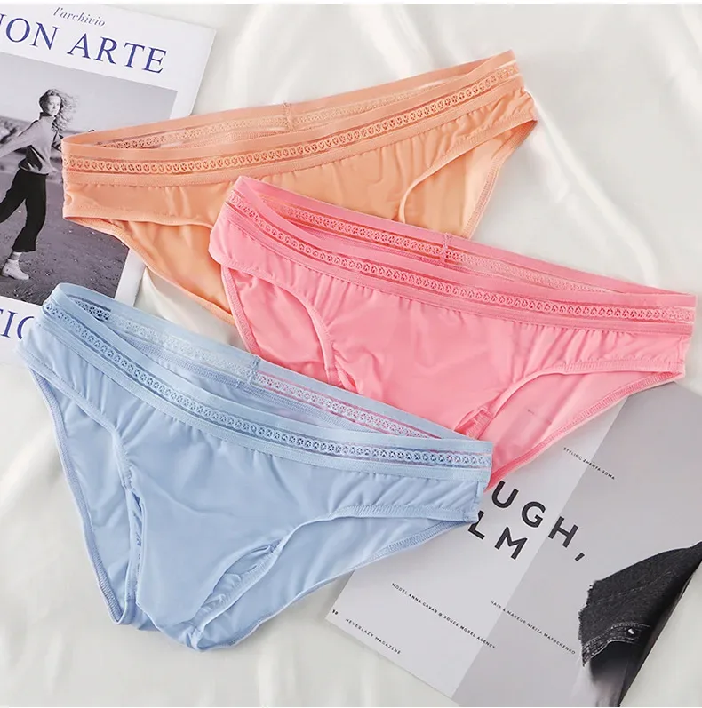 1/3PCS Men's Ice Silk Briefs Ultra-thin Quick Dry High Elastic Lace Waistband Panties Sexy Seamless Breathable Bikini Underwear