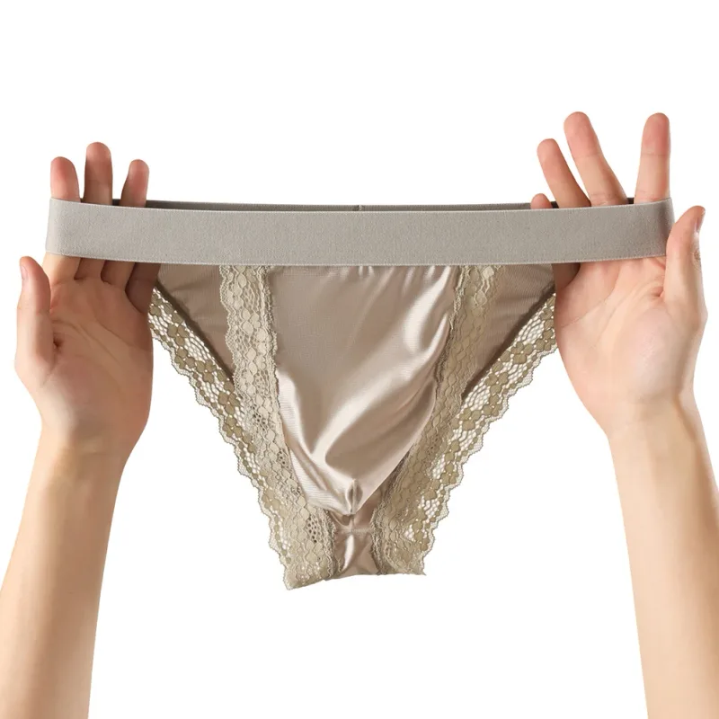 Satin-like Comfortable Men Panties Lace Trim Briefs Sexy High Fork Bikinis Underwear Breathable Low Waist Pouch