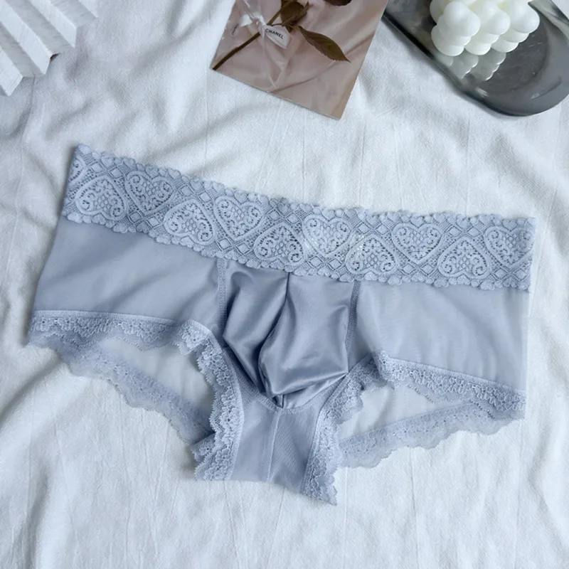 Men Ice Silk Lace Trim Thin Seamless Briefs Glossy 3D Pouch Lightweight Underwear Panties Comfortable Daily Lingerie