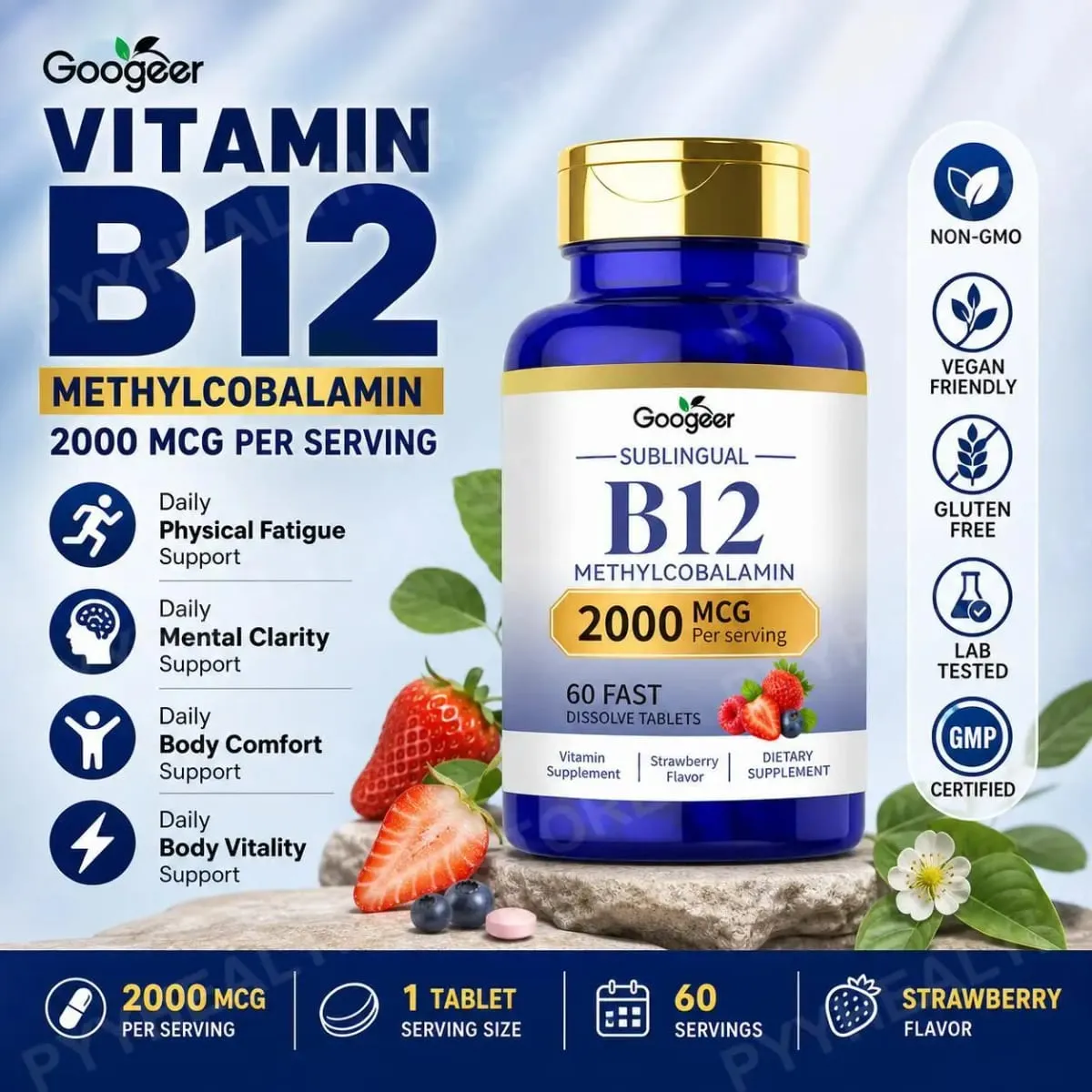 Googeer B12 Methylcobalamin Υπογλώσσια Ταμπλέτες Γρήγορης Διάλυσης με Άρωμα Φράουλα για Καθημερινή Υποστήριξη Άνεσης Σώματος 60 ταμπλέτες
