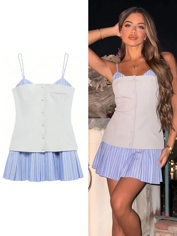 HH Womens Elegant Party Fake 2 Piece Solid Bustier Sripe Pleed φούστα Summer Beach Vacation Casual Spaghetti Strap Μίνι φόρεμα