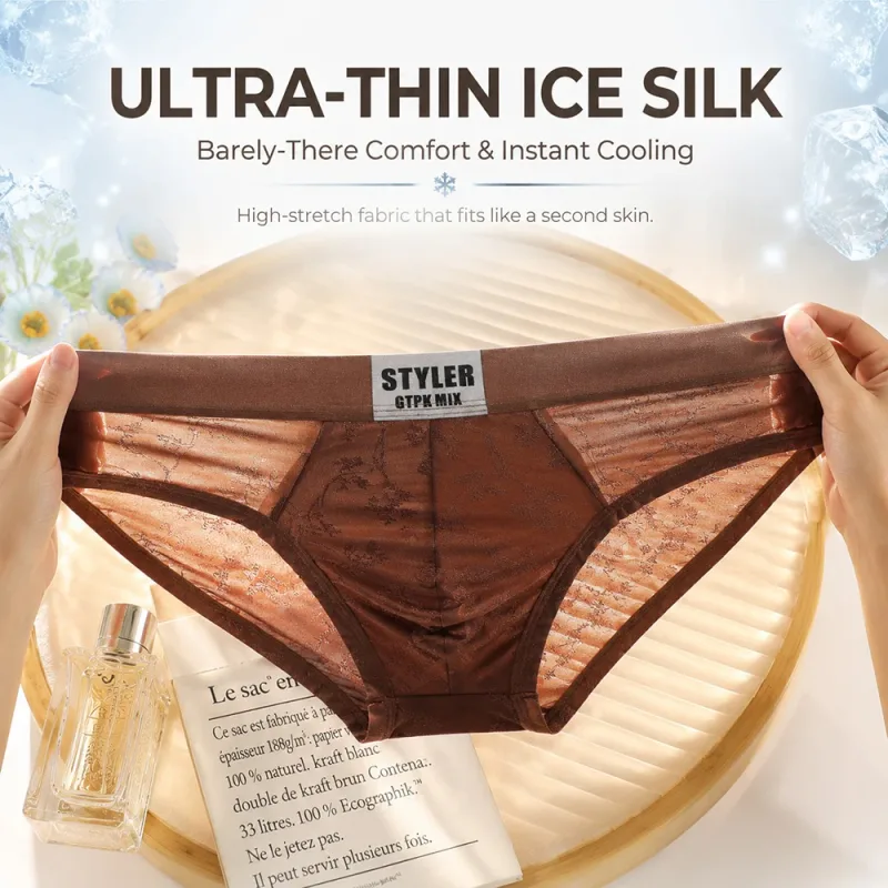 1/3PCS Sexy Perspective Men's Briefs Luxury Jacquard Smooth Ice Silk Mens Intimate Underwear Breathable 3D Mesh Pouch Lingerie