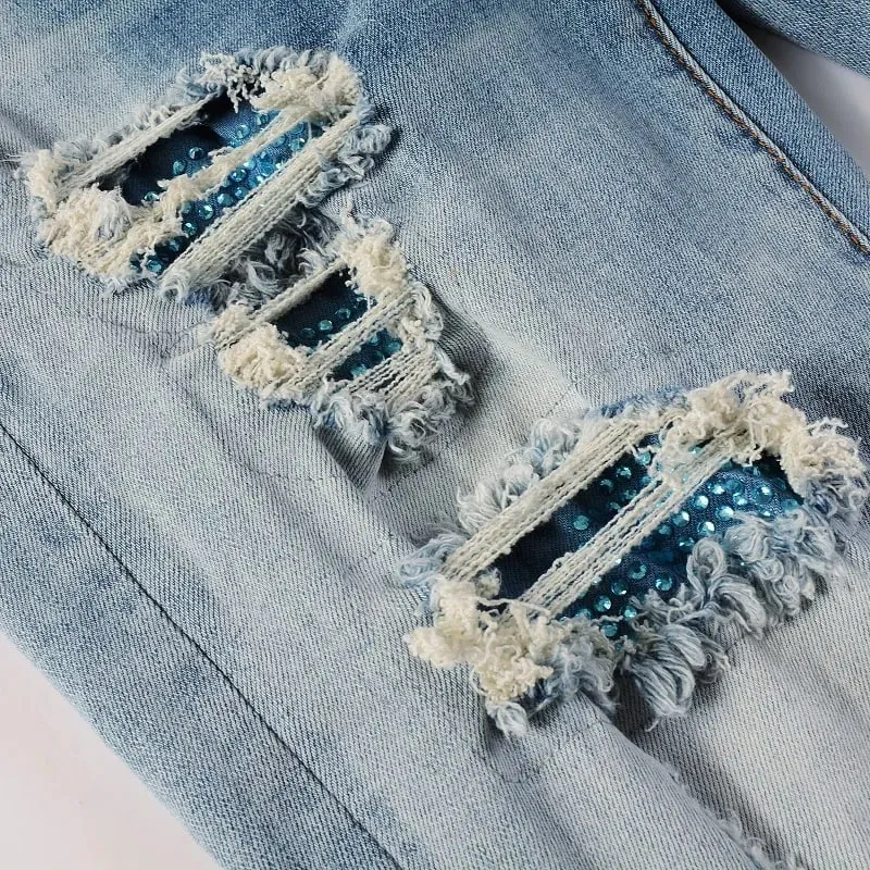 ג'ינס ג'ינס עם תיקון קריסטל לגברים Streetwear כחול מכנסיים מתיחה טלאים קרעים מכנסיים סקיני מחודדים במצוקה