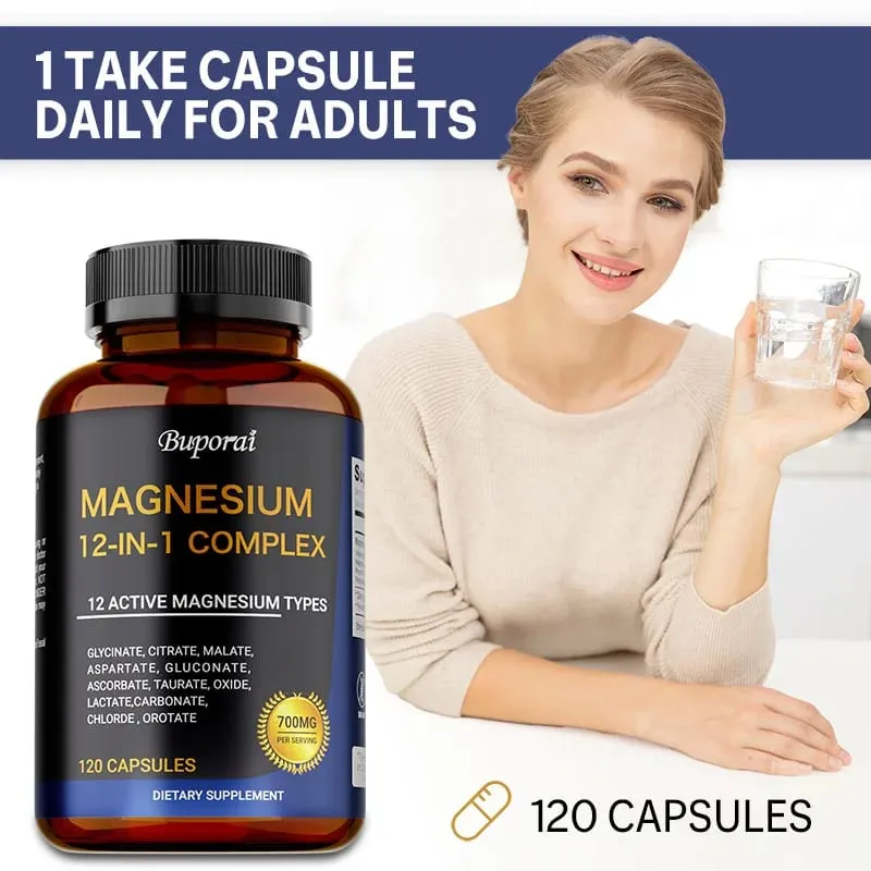 Magnesium Complex Capsules - Support Muscle Bone Heart Health Improve Sleep Stress & Anxiety Relief - Dietary Supplement