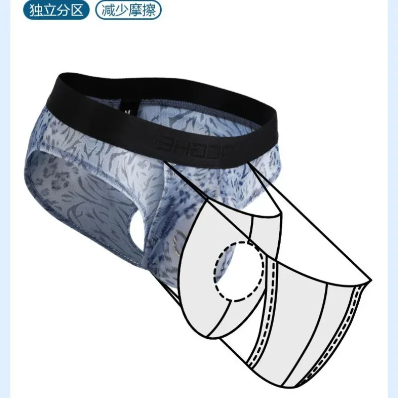 Men's Separate Dual Pouch Briefs Summer Ice Silk Seemless Sheer Panties Breathable Mesh Leopard Print Travel Quick-dry Underwear