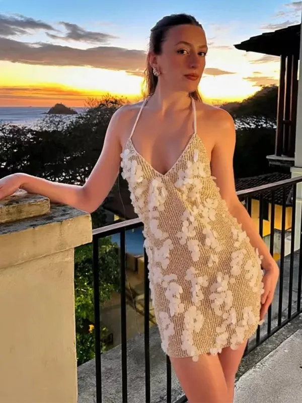 Γυναικεία Solid Sequin Μίνι Φόρεμα Halter Neck Deep V Neck Bodycon Αμάνικα Sparkly Vestidos Formal Club Party Cocktail Dresses Νέο