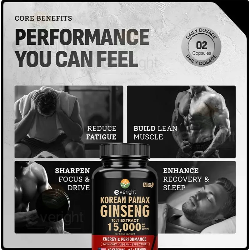 Red Korean Ginseng Supplement for Men - Extra Strength 10:1 Extract - Energy Focus Productivity Performance - Natural & Vegan