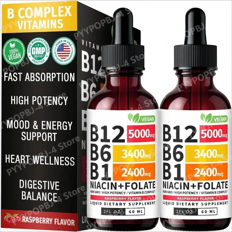Vitamin B12 B6 Tetes Cair 60Ml B Kompleks dengan B1 Niacin Folat Raspberry Suplemen Kesehatan Harian Vegan 40 Porsi Dewasa