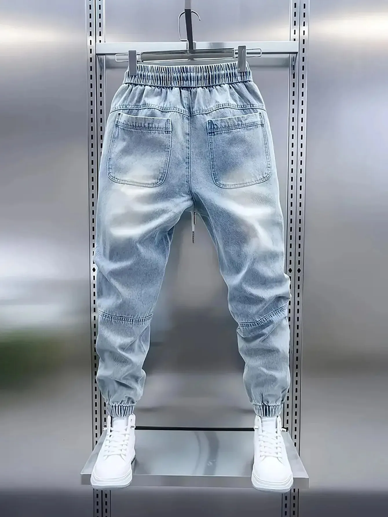 Férfi új húzózsinóros derékrész világoskék mandzsettás baggy farmer