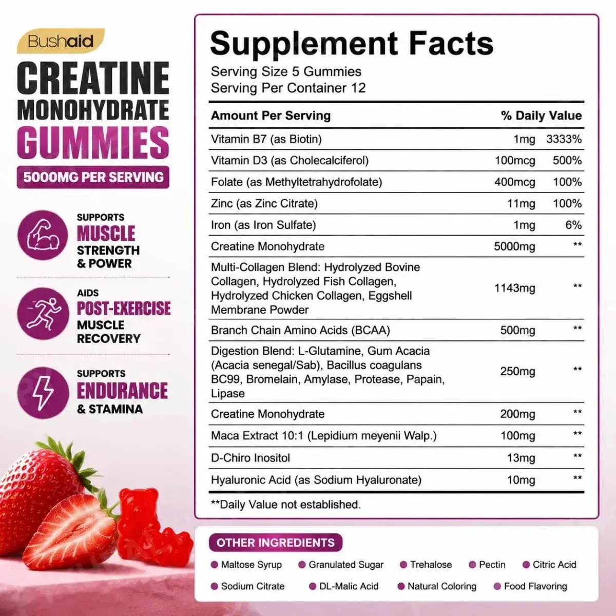 BushAid Creatine Monohydrate Gummies για μυϊκή αποκατάσταση μετά την προπόνηση με Multi-Collagen Blend BCAA and Zinc 60 Gummies
