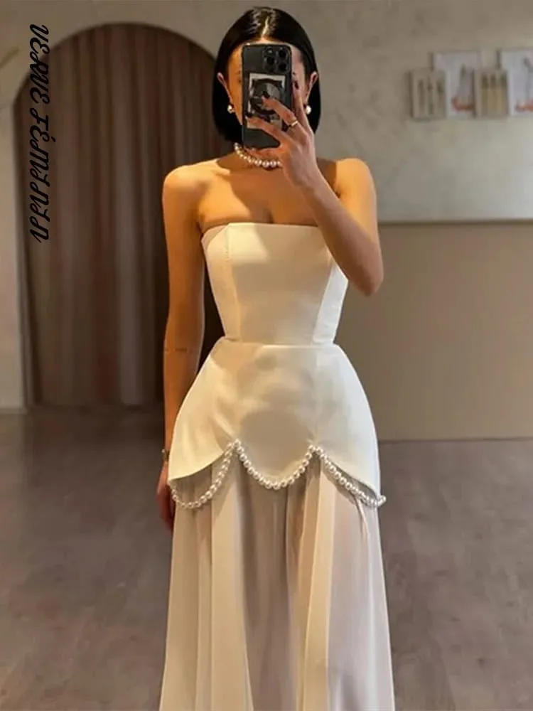 Γυναικεία βραδινά φορέματα Mesh patchwork στράπλες μακρύ φόρεμα Κομψή γυναικεία κορδέλα αμάνικη πλάτη μέση που κλείνει Vestido New