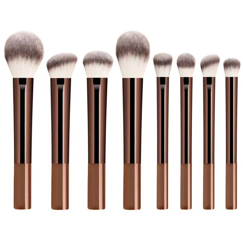 8 Buah Set Kuas Rias Kopi Coklat Kuas Eyeshadow Foundation Perona Pipi Bedak dengan Puff Segitiga