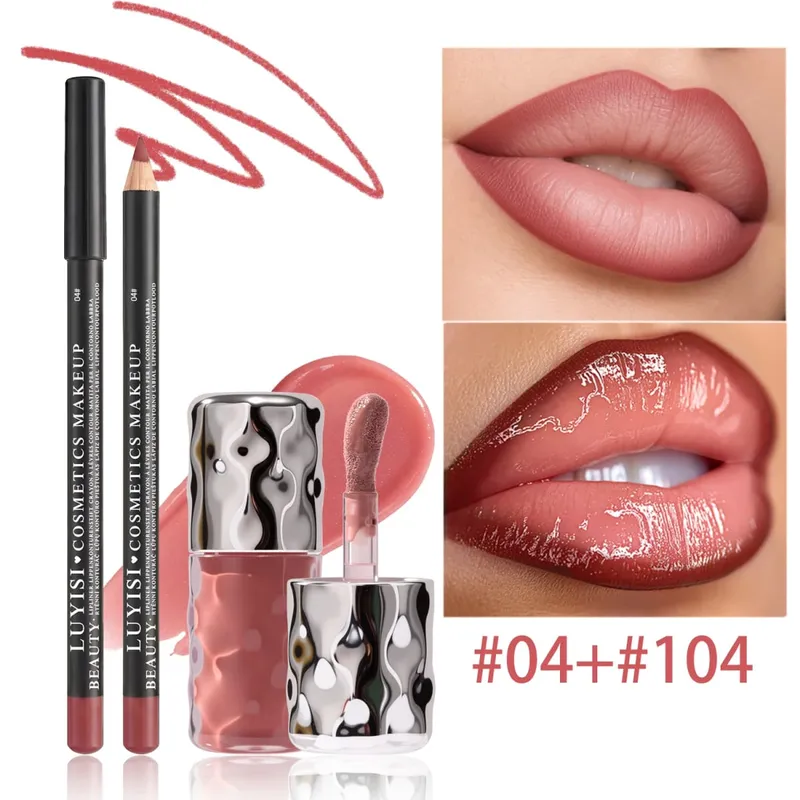 Σετ γαλακτοκομικών χειλιών-1 τμχ Matte Lip Liner+1 τμχ Hydrating Lip Gloss Ποικιλία χρώματος Velvet Definition & Glassy Shine Nourishing Formula