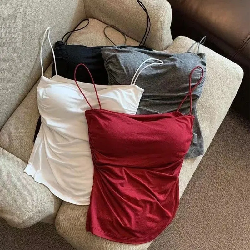 Szexi, tömör redőzött Tank Camisole női nyári spagettipántos ujjatlan felsők