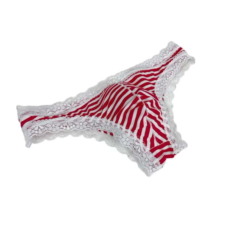 Men Lace Trim Striped G-string Underwear Half-covered Butt Low-rise Pantie Thong Half Hip Men Briefs Mens Sexy Underwear