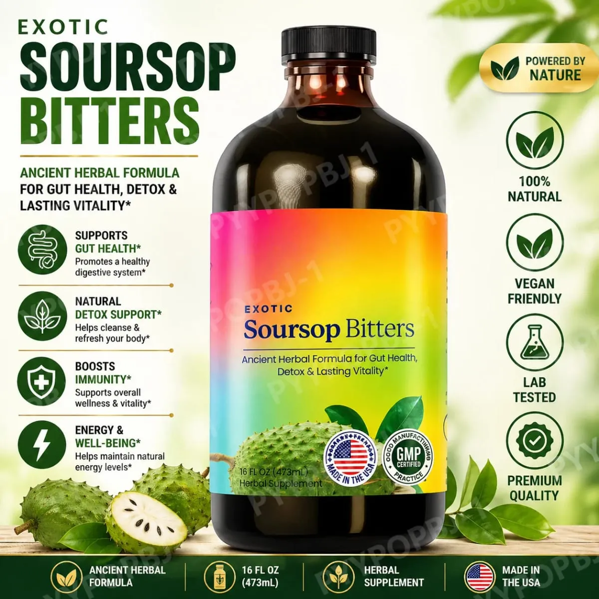 Soursop Bitters Liquid Herbal Extract Plant Based Guanabana Blend with Ginger Turmeric and Sea Moss Daily Wellness Supplement