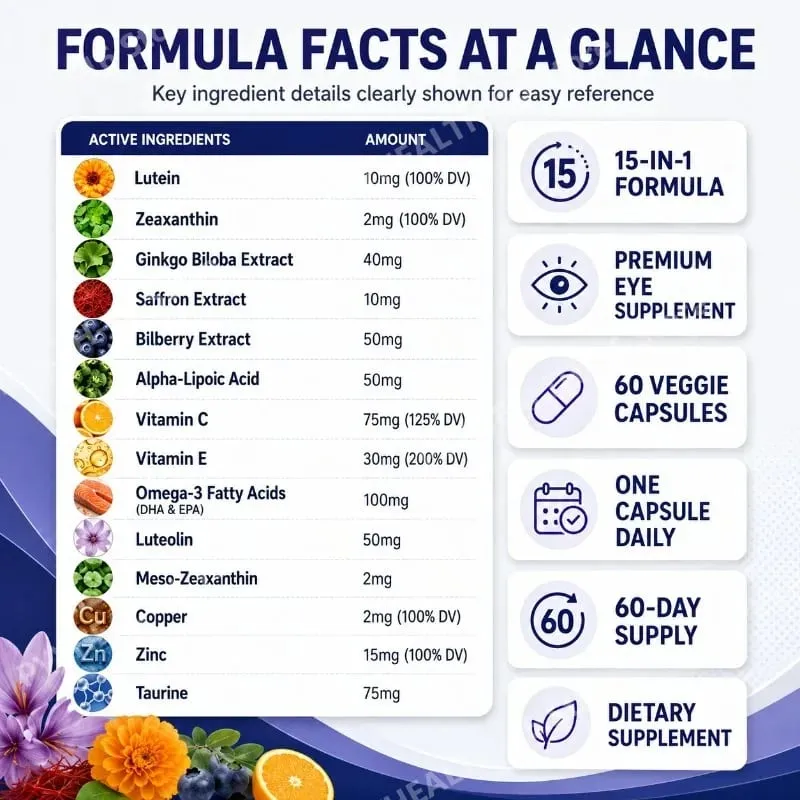 Premium 15-in-1 Advanced Eye Formula na may Lutein Zeaxanthin Astaxanthin Bilberry at Saffron ay sumusuporta sa Eye Wellness 60 Capsules