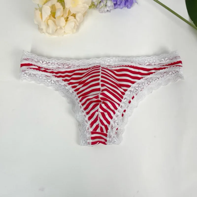 Men Lace Trim Striped G-string Underwear Half-covered Butt Low-rise Pantie Breathable Sexy U Bulge Pouch Comfortable Tong