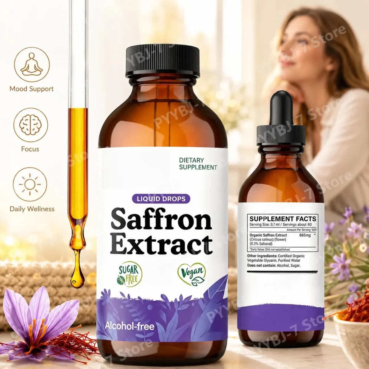 Organic Saffron Liquid Extract Drops Plant Based Herbal Supplement Vegan、sugar & Alcohol Free 60ml Daily Health Supplements