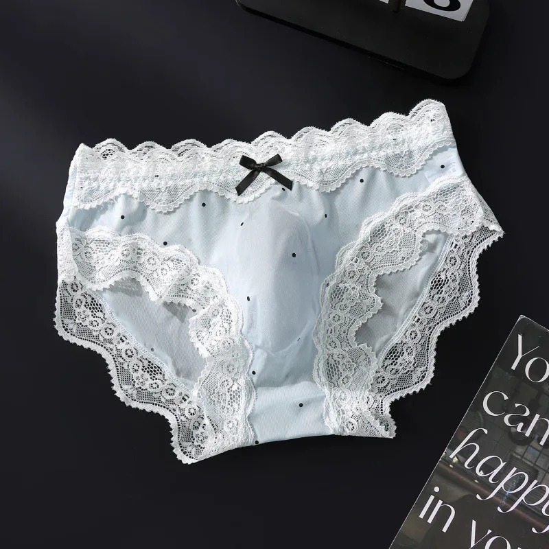 Men's Sexy Briefs Lace Edge Polka Dot Underwear Ice Silk Sissy Panties U Convex Pouch Underpants Seamless See Through Lingerie