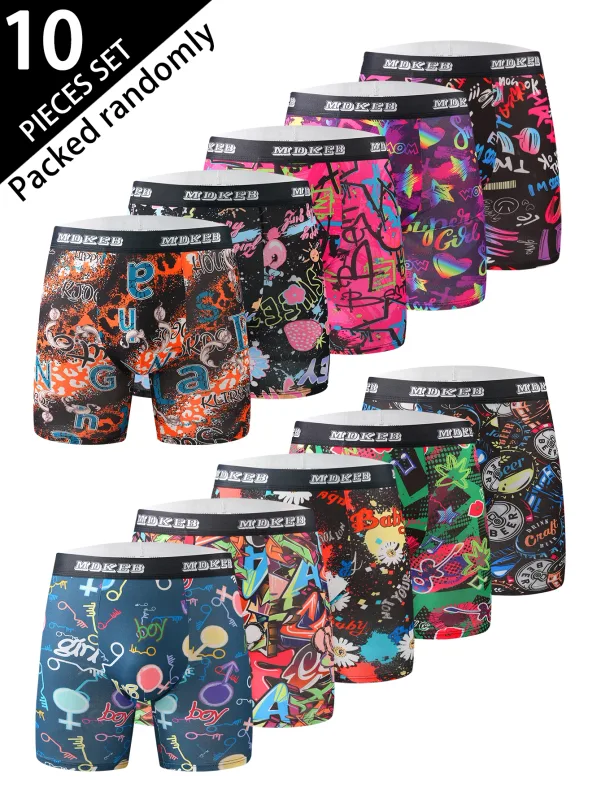 Zehnteilige gemischte lange Boxershorts mit Graffiti-Muster für Herren, atmungsaktive und bequeme, hochelastische lange Boxershorts, Boxen