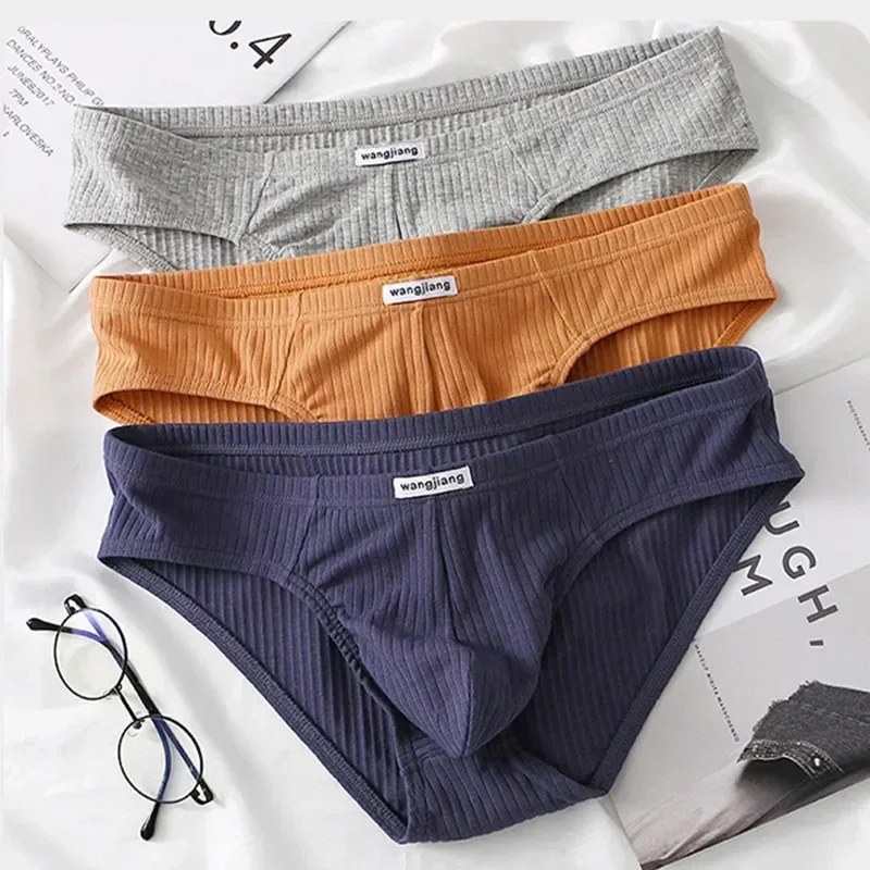 Men's Ribbed Cotton Separate Pouch Briefs Breathable Low Rise Soft Stretch Underwear Panties 1PC