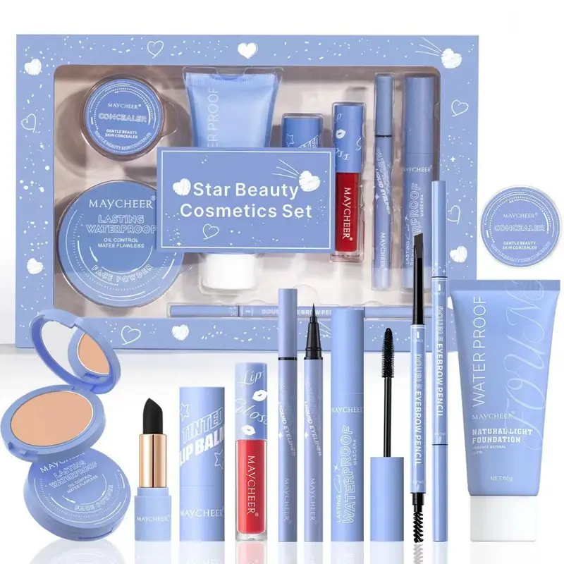 Επαγγελματικό Κιτ Μακιγιάζ Foundation Powder Lip Gloss Eyeliner Μολύβι φρυδιών Σετ καλλυντικών για όλο το πρόσωπο για γυναίκες Ταξίδια