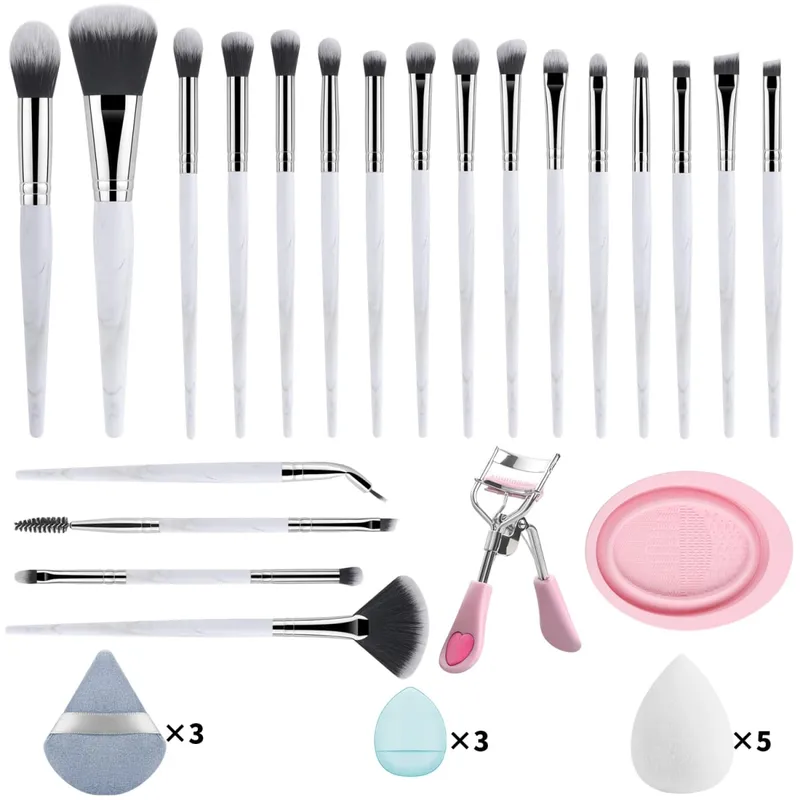 33 Buah Kit Alat Rias 20 Kuas Rias dengan Mangkuk Pembersih Puff Bedak Set Rias Mata Wajah Penuh Penjepit Bulu Mata