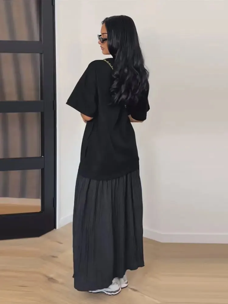 Κοντομάνικο συνονθύλευμα Oversized Μακρύ Φόρεμα Γυναικείο Κομψό με λαιμόκοψη Πλισέ Φαρδιά Φορέματα για πάρτι Καλοκαιρινά Casual Lady Vestidos