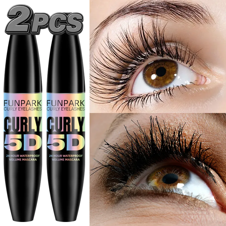 2 τμχ 5D Eye Black Mascara Waterproof Lengthens Eyelashes Extension Mascara με ίνες μεταξιού Μακιγιάζ ματιών μακράς διαρκείας για γυναίκες Καλλυντικά Κορεάτικη ομορφιά