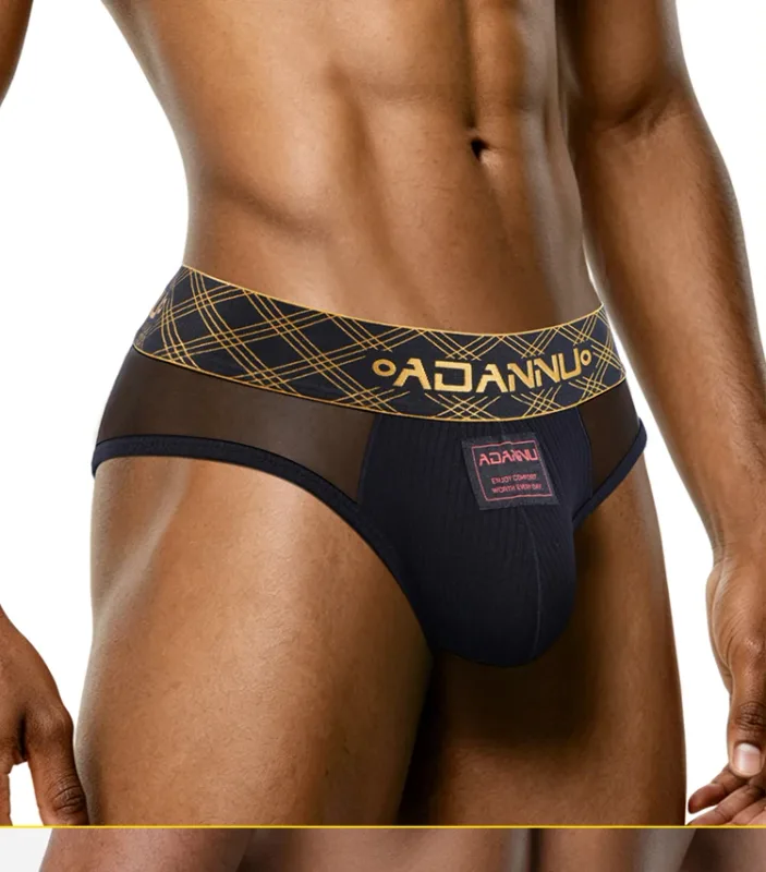 Luxury Ice Silk Men's Underwear with Gold Thread Embroidery Waistband Ultra-Thin Transparent Mesh Quick-drying Briefs for Men