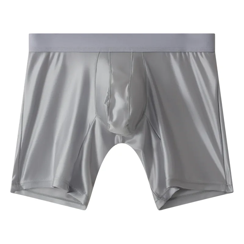 Bright Silky Smooth Underwear Men Stretch Satin Seamless Long Leg Boxer Shorts Bugle Pouch Sport Underpant Club Party Lingerie