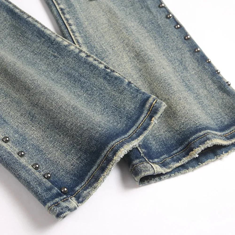 Ανδρικό Badge Patch Boot Cut Jeans Rivet Vintage Ρετρό Μπλε Stretch Τζιν Παντελόνι Streetwear Slim Flared Παντελόνι