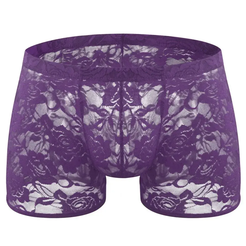 Men See Through Lace Boxer Shorts Bulge Pouch Low Waist Underwear Solid Panties Elastic Waist Breathable Transparent Underwear