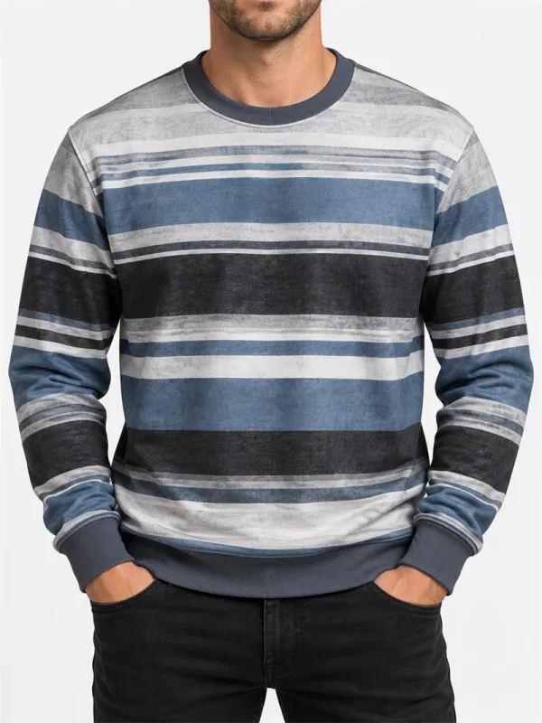 Heren vintage gestreept sweatshirt met ronde hals, casual trui met lange mouwen, kleurenblok, herfst streetwear, alledaagse mode, klassieke top